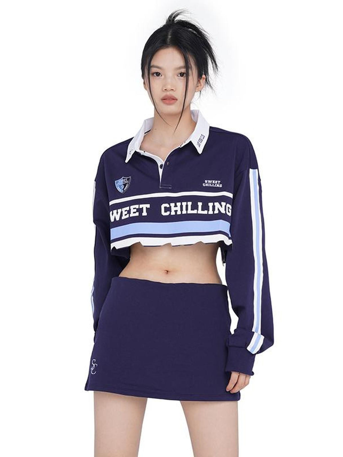 SweetChilling Vintage Distressed Long Sleeve Cotton Polo Top Women&