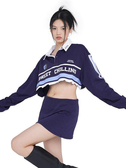 SweetChilling Vintage Distressed Long Sleeve Cotton Polo Top Women&
