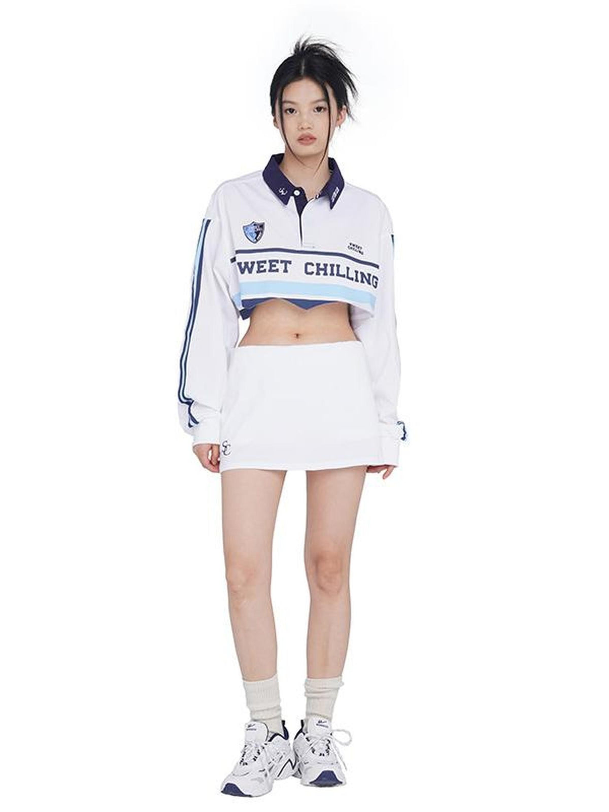 SweetChilling Vintage Distressed Long Sleeve Cotton Polo Top Women&