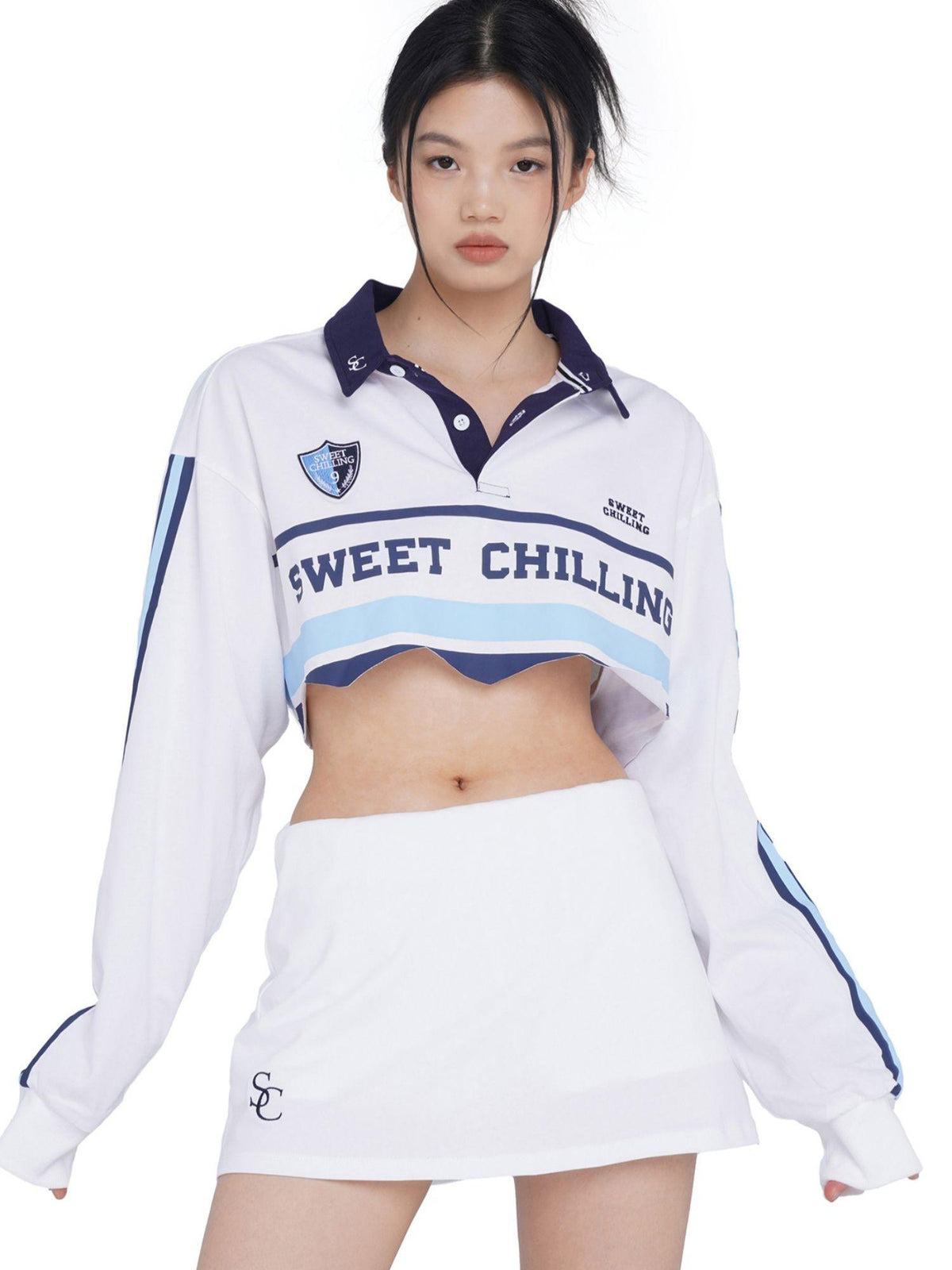 SweetChilling Vintage Distressed Long Sleeve Cotton Polo Top Women&