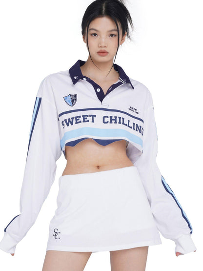 SweetChilling Vintage Distressed Long Sleeve Cotton Polo Top Women&