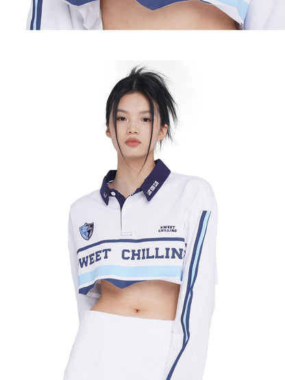 SweetChilling Vintage Distressed Long Sleeve Cotton Polo Top Women&