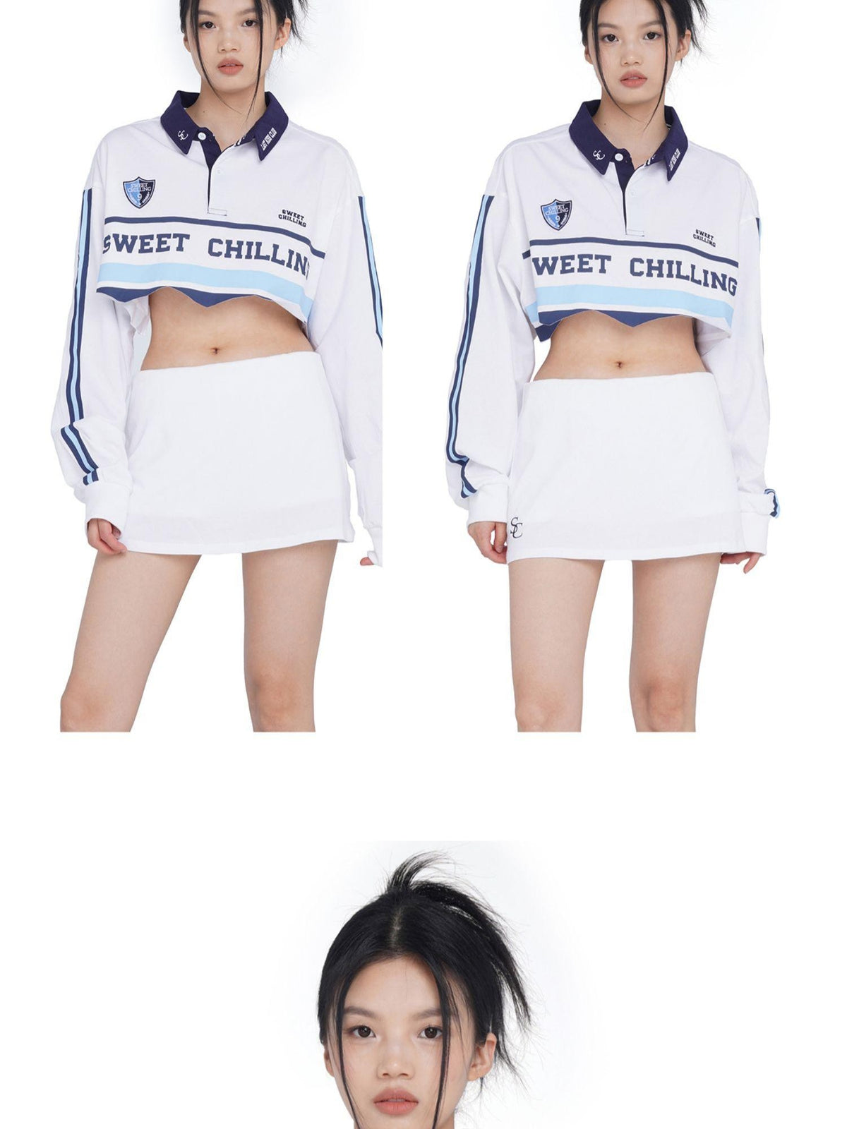 SweetChilling Vintage Distressed Long Sleeve Cotton Polo Top Women&
