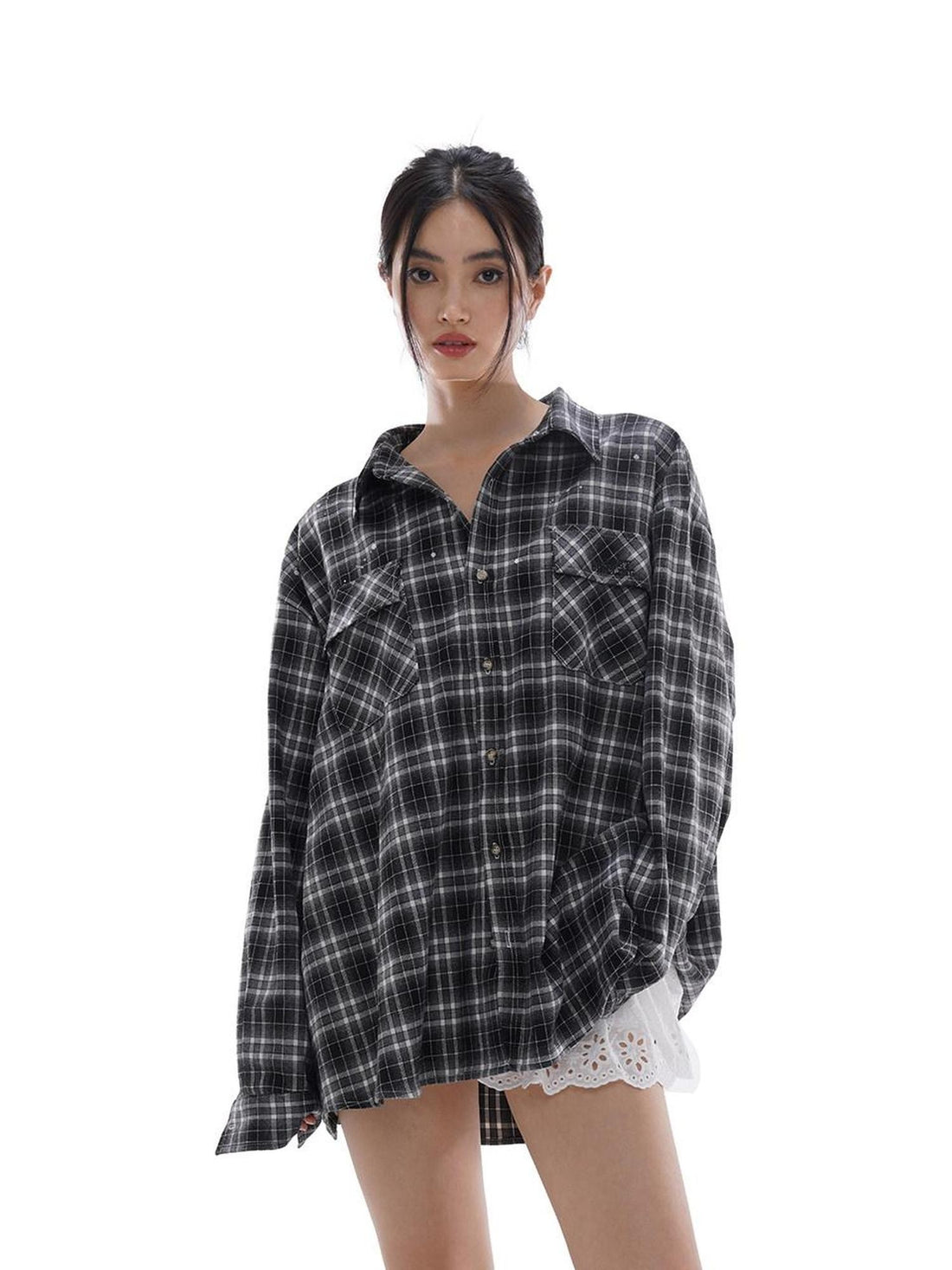 SweetChilling Vintage Distressed Plaid Oversized Boyfriend Women&