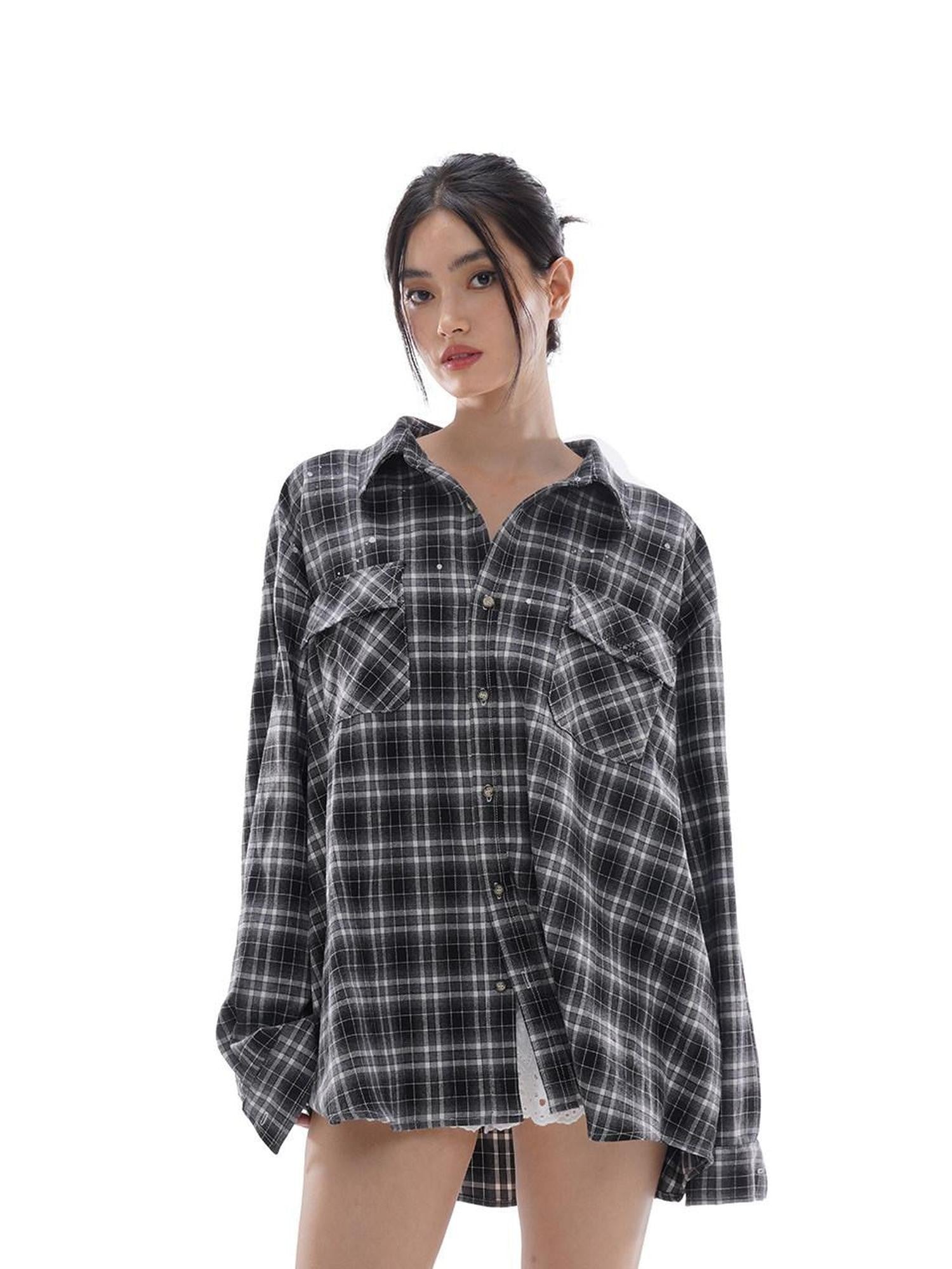 SweetChilling Vintage Distressed Plaid Oversized Boyfriend Women&
