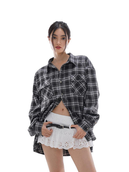 SweetChilling Vintage Distressed Plaid Oversized Boyfriend Women&