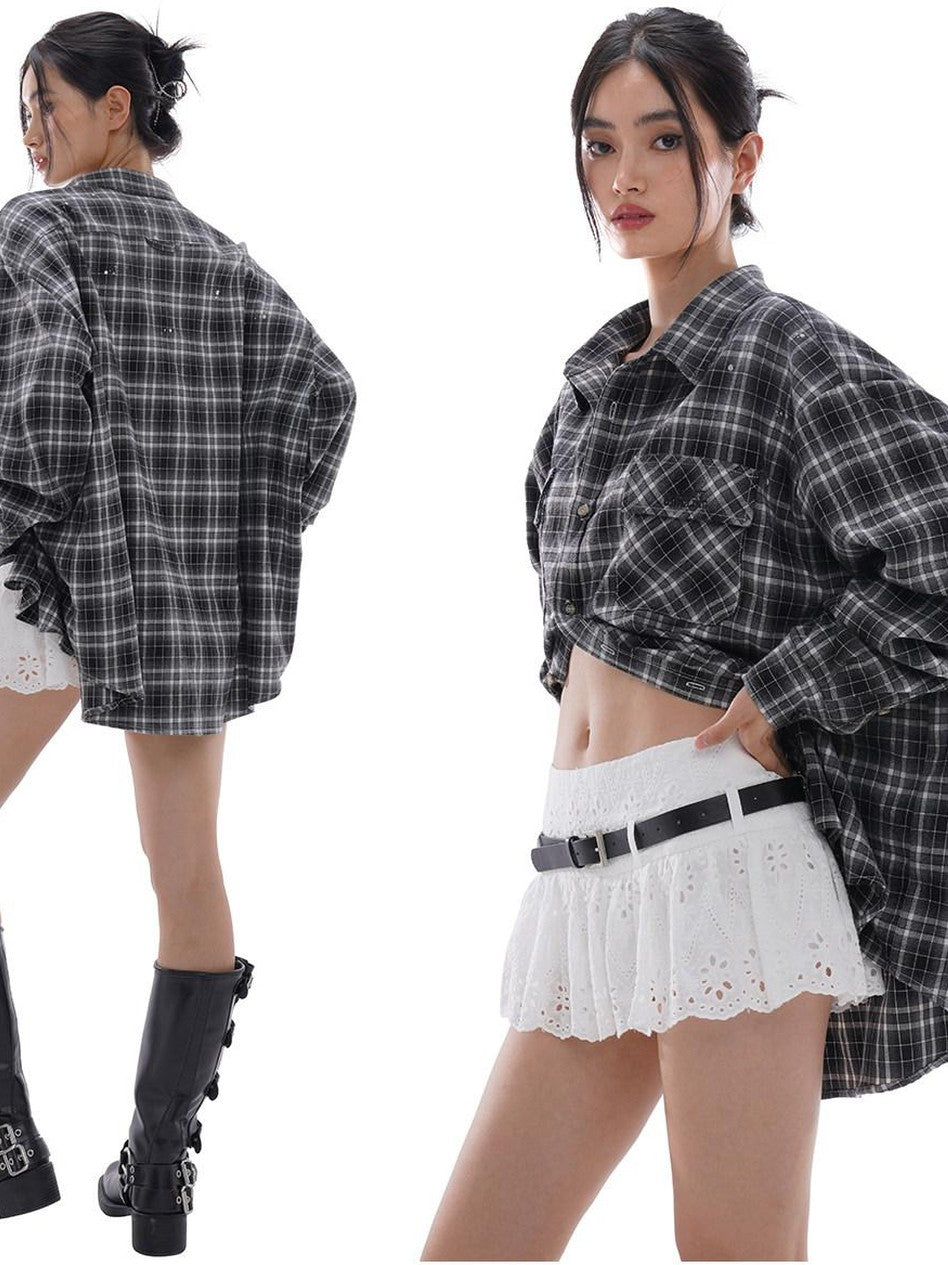 SweetChilling Vintage Distressed Plaid Oversized Boyfriend Women&