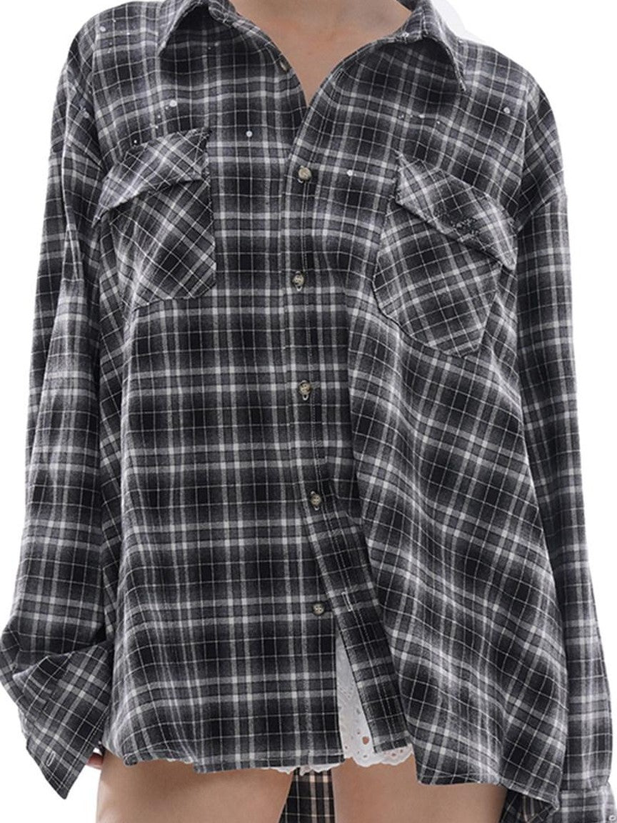 SweetChilling Vintage Distressed Plaid Oversized Boyfriend Women&
