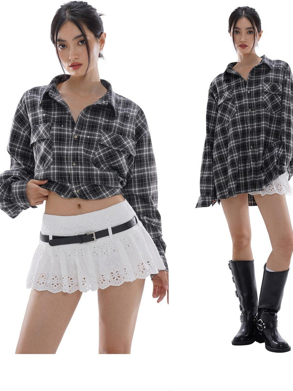 SweetChilling Vintage Distressed Plaid Oversized Boyfriend Women&