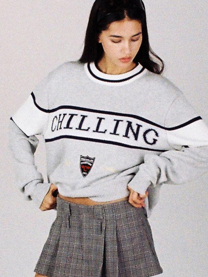 SweetChilling Vintage Preppy Letter Jacquard Embroidered Badge Women&