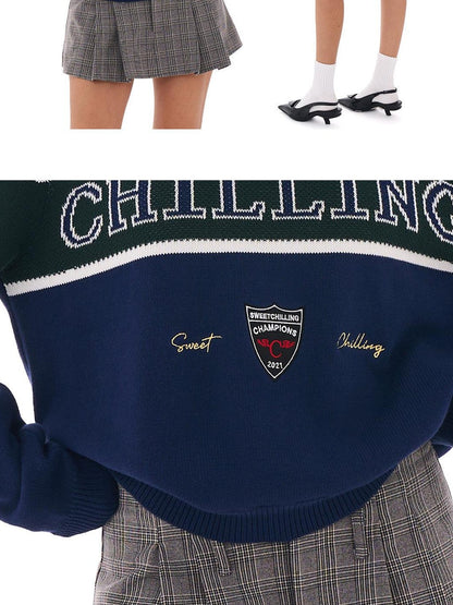 SweetChilling Vintage Preppy Letter Jacquard Embroidered Badge Women&