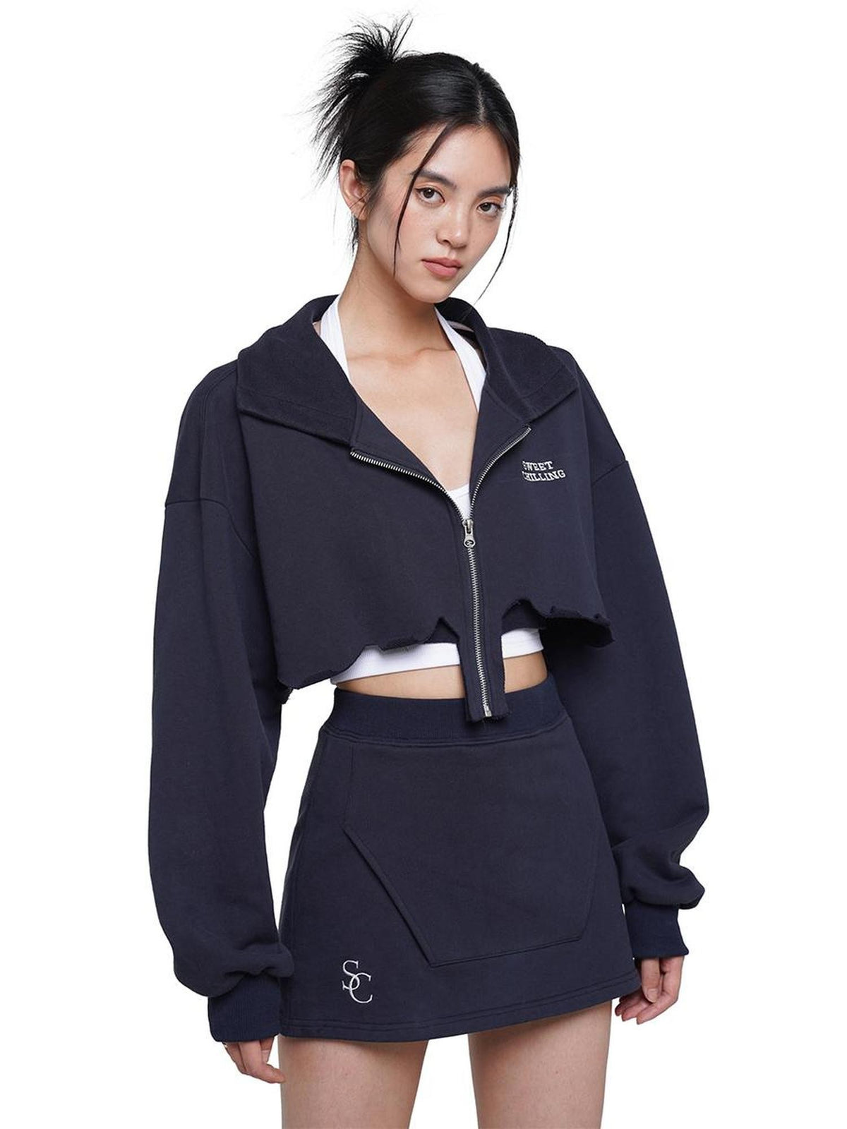 SweetChilling Zip Cropped Hoodie Elastic Waist Women&