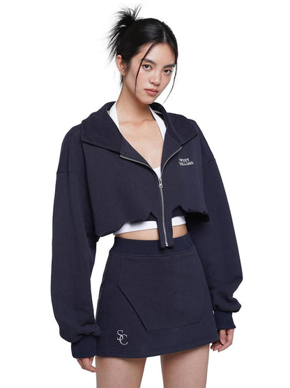 SweetChilling Zip Cropped Hoodie Elastic Waist Women&