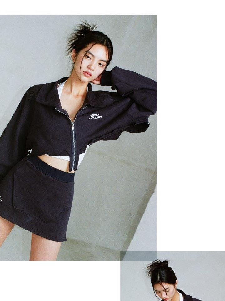 SweetChilling Zip Cropped Hoodie Elastic Waist Women&