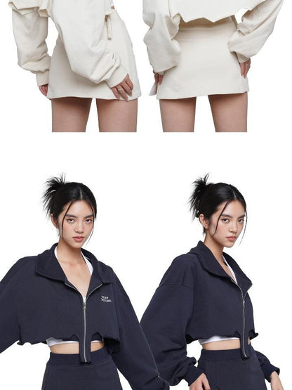 SweetChilling Zip Cropped Hoodie Elastic Waist Women&