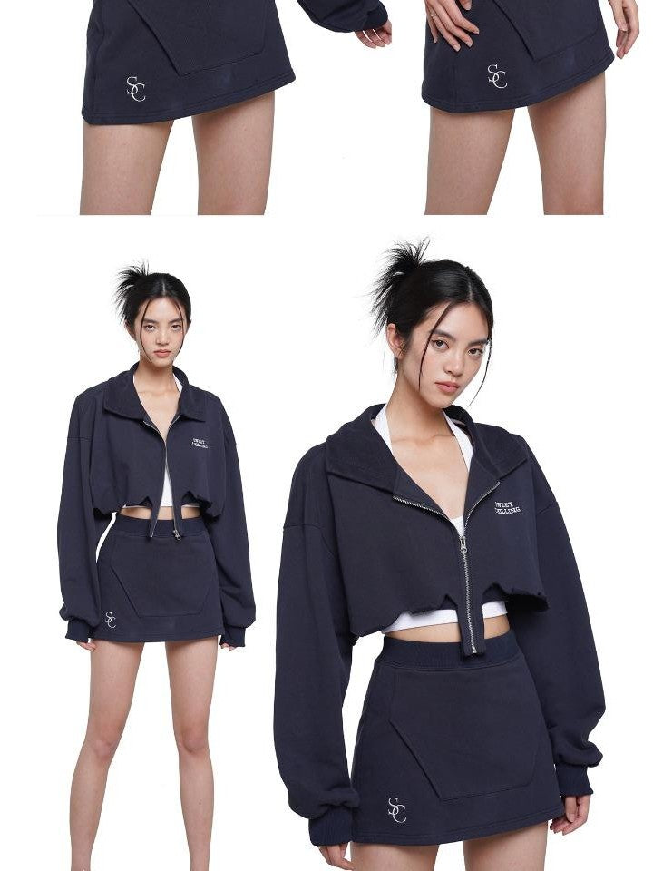 SweetChilling Zip Cropped Hoodie Elastic Waist Women&