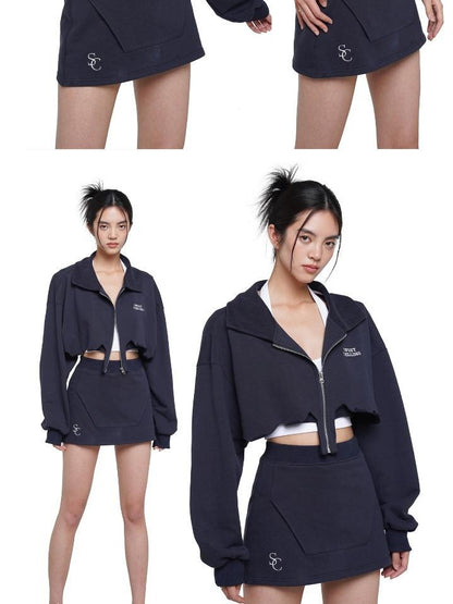 SweetChilling Zip Cropped Hoodie Elastic Waist Women&