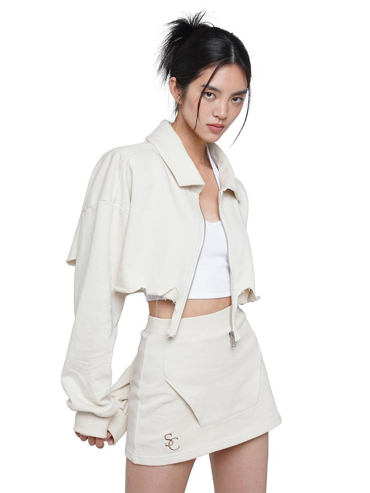 SweetChilling Zip Cropped Hoodie Elastic Waist Women&