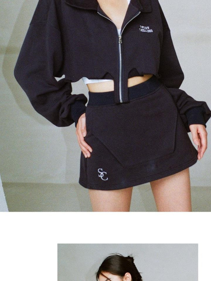 SweetChilling Zip Cropped Hoodie Elastic Waist Women&