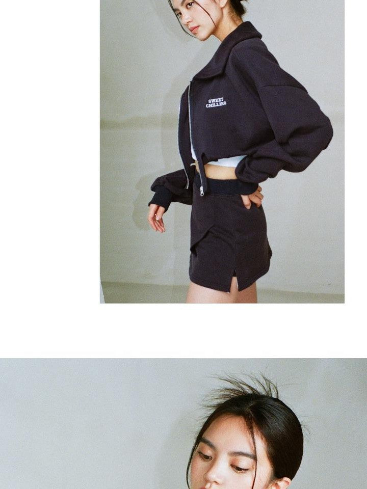 SweetChilling Zip Cropped Hoodie Elastic Waist Women&