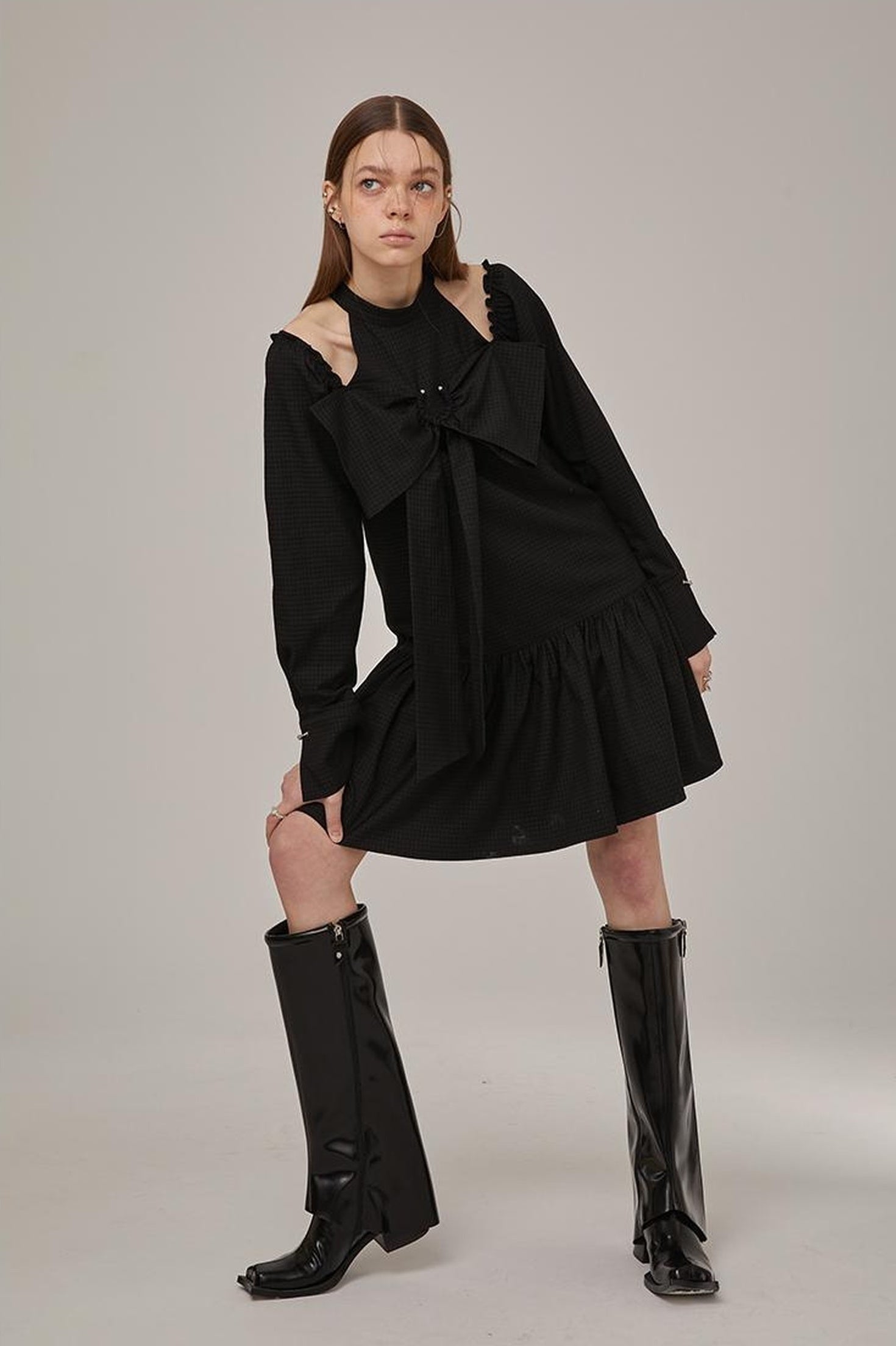 DIDDI MODA Sweet Bow Black Dress Elegant Lace Up Sleeves