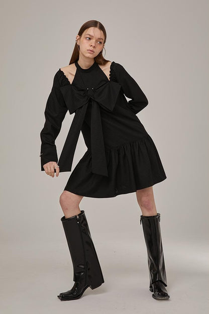 DIDDI MODA Sweet Bow Black Dress Elegant Lace Up Sleeves