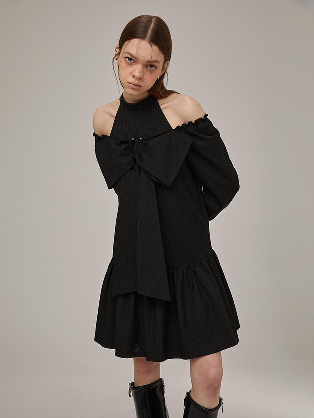 DIDDI MODA Sweet Bow Black Dress Elegant Lace Up Sleeves