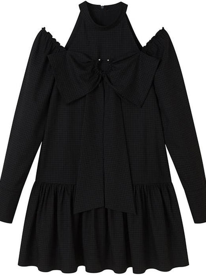 DIDDI MODA Sweet Bow Black Dress Elegant Lace Up Sleeves