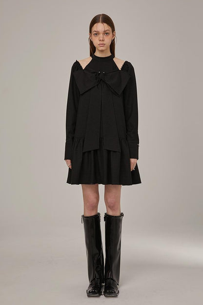 DIDDI MODA Sweet Bow Black Dress Elegant Lace Up Sleeves