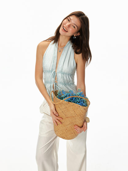 STRIKE A POSE Sweet Comfortable Backless Mesh Striped Ruffle Floral Embroidered Halter Top
