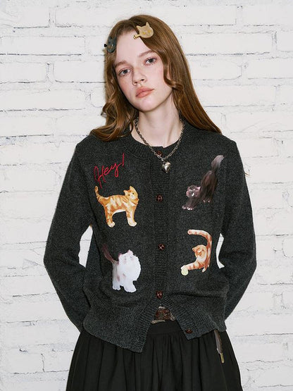DIDDI MODA Sweet Cool Kitty Print Knit Cardigan