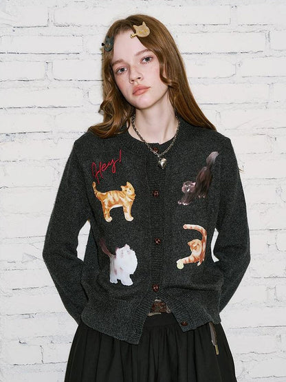 Sweet Cool Kitty Print Knit Cardigan