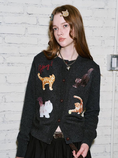 Sweet Cool Kitty Print Knit Cardigan