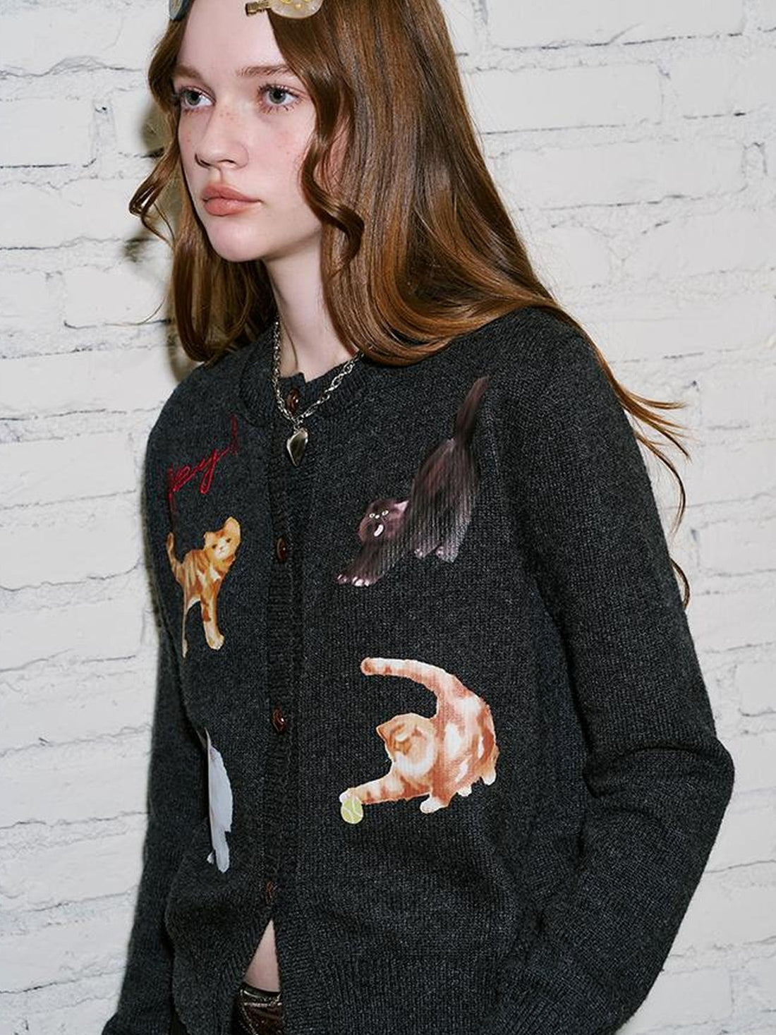 DIDDI MODA Sweet Cool Kitty Print Knit Cardigan