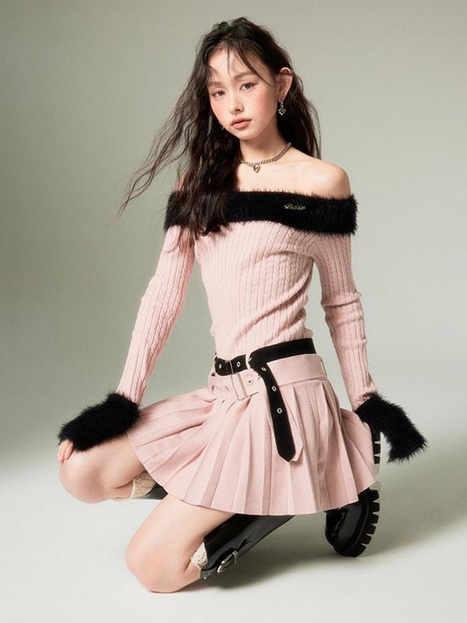DIDDI MODA Sweet Cool Off Shoulder Knit Set With Dual Belts