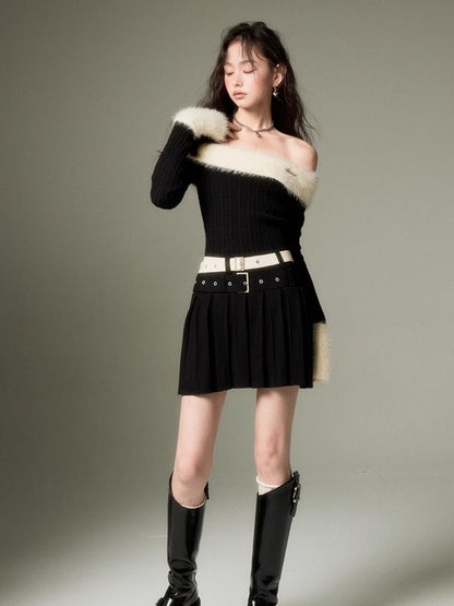 DIDDI MODA Sweet Cool Off Shoulder Knit Set With Dual Belts