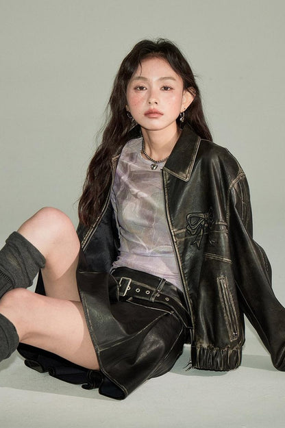 DIDDI MODA Sweet Crush Bow Vintage Pu Jacket
