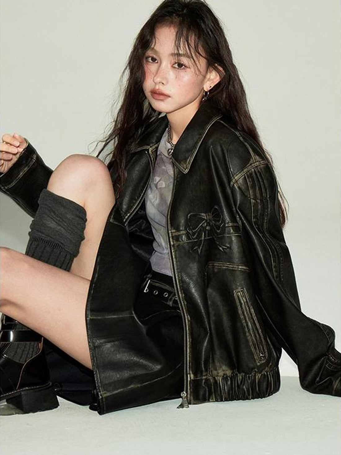 DIDDI MODA Sweet Crush Bow Vintage Pu Jacket