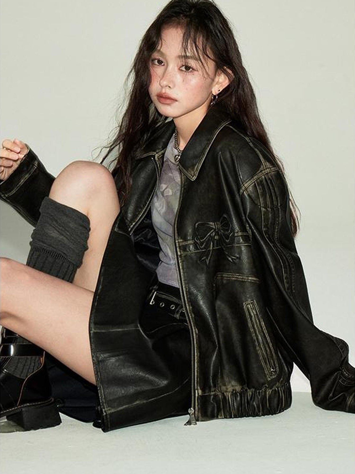 DIDDI MODA Sweet Crush Bow Vintage Pu Jacket