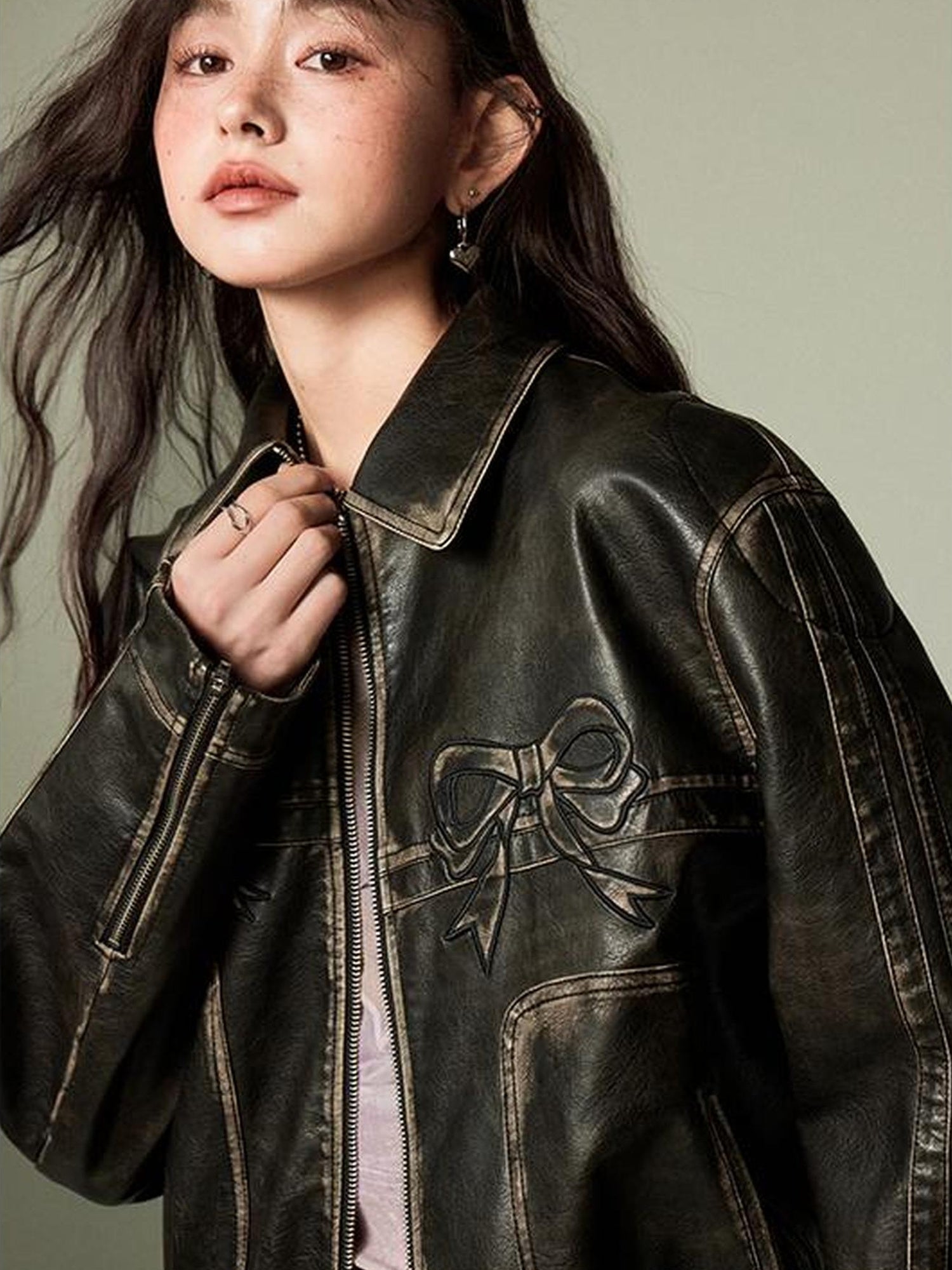 DIDDI MODA Sweet Crush Bow Vintage Pu Jacket