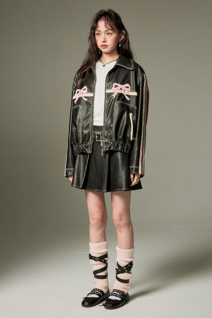 DIDDI MODA Sweet Crush Bow Vintage Pu Jacket