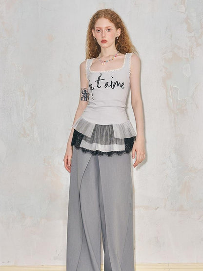 DIDDI MODA Sweet Edge Lace Trim Mesh Layered Crop Top