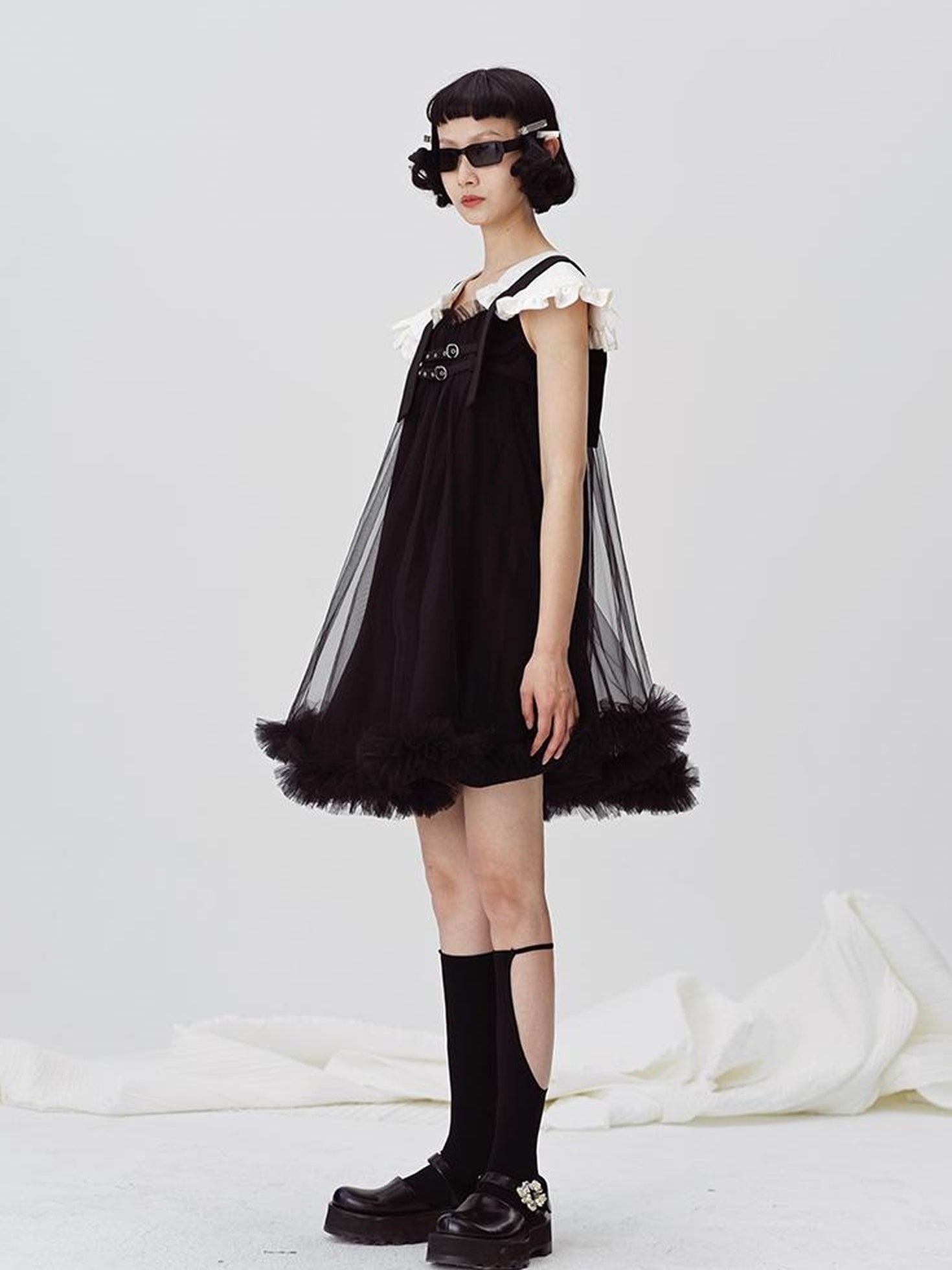 DIDDI MODA Sweet Edge Mesh Mini Dress With Padded Shoulders