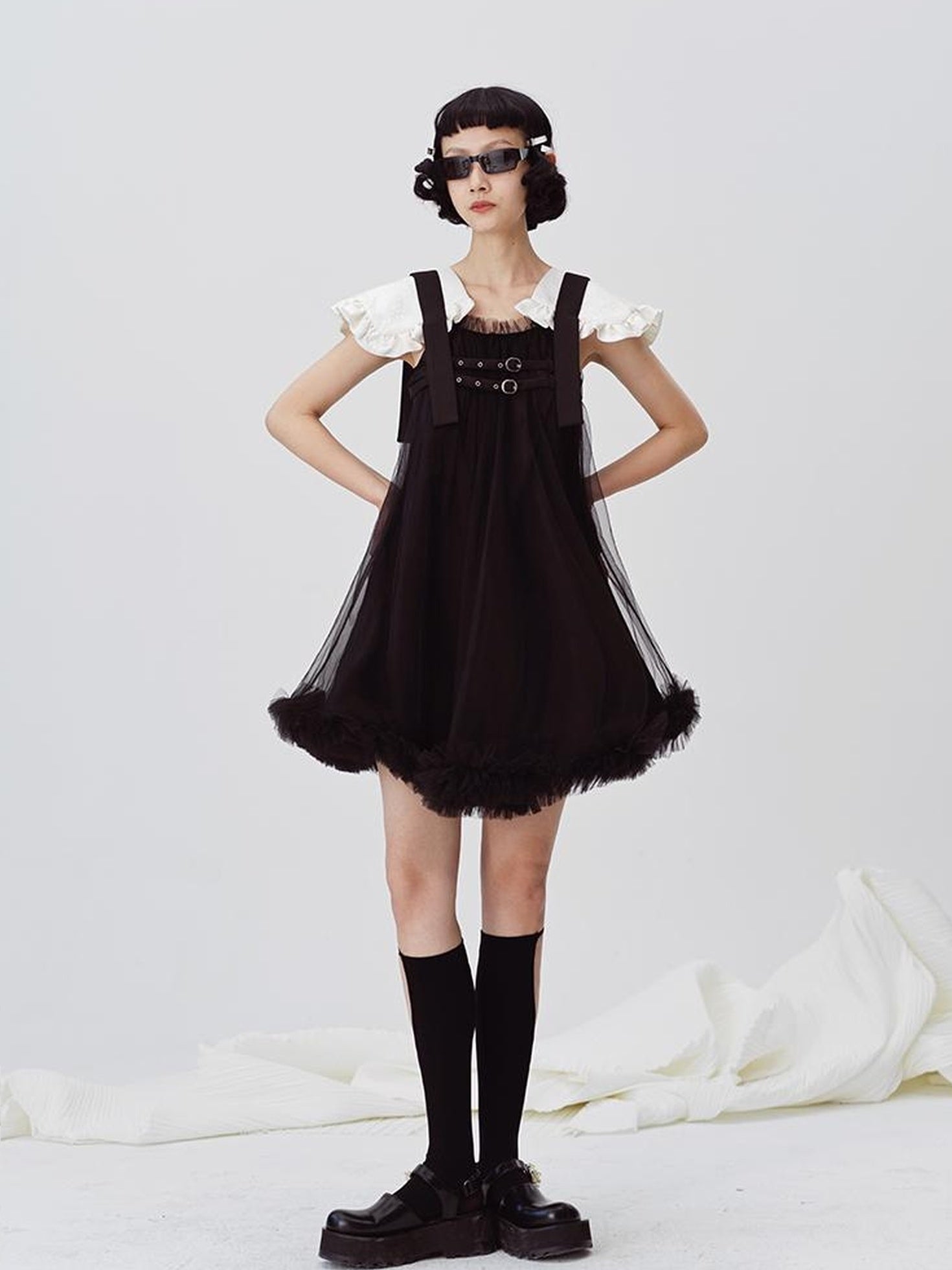 DIDDI MODA Sweet Edge Mesh Mini Dress With Padded Shoulders