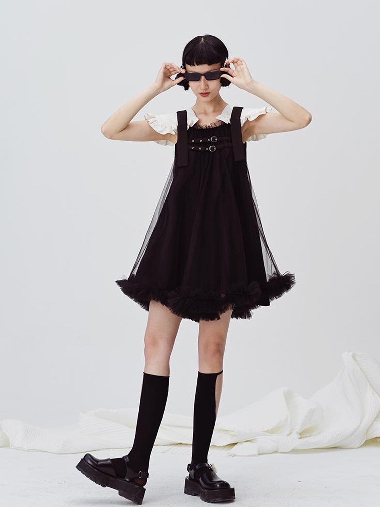 DIDDI MODA Sweet Edge Mesh Mini Dress With Padded Shoulders
