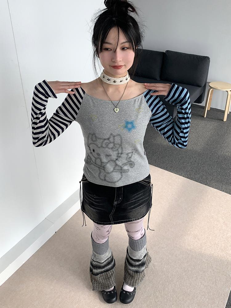 Sweet Kitty Sleeve Stripe Print Summer Top for Women