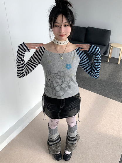 Sweet Kitty Sleeve Stripe Print Summer Top for Women