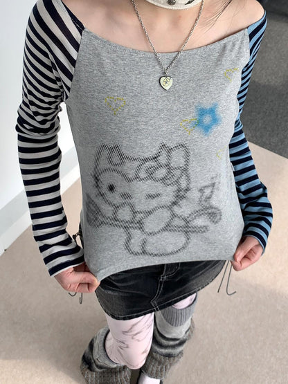 Sweet Kitty Sleeve Stripe Print Summer Top for Women