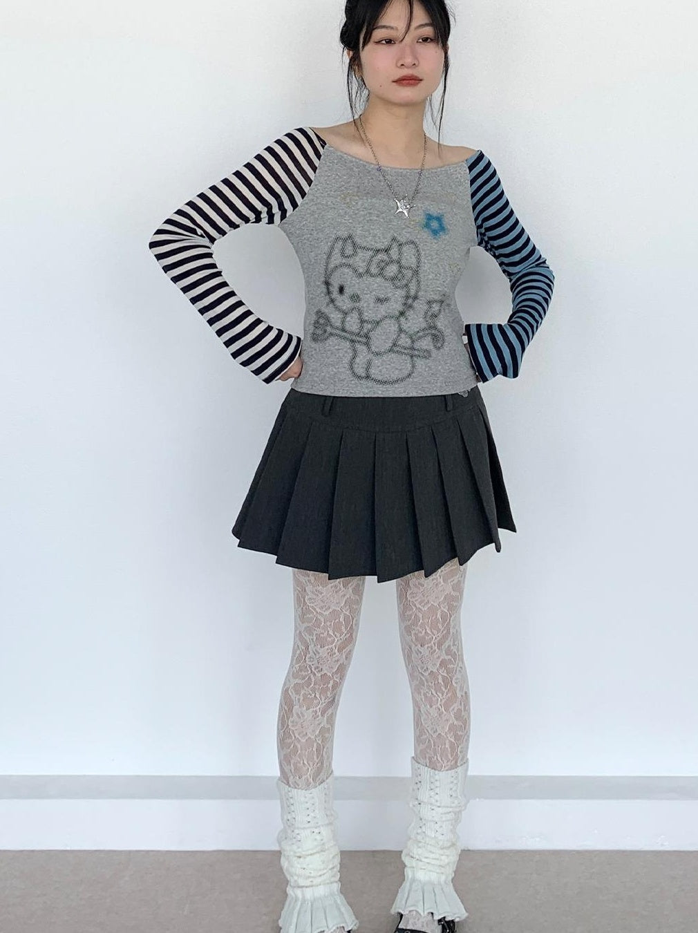 Sweet Kitty Sleeve Stripe Print Summer Top for Women