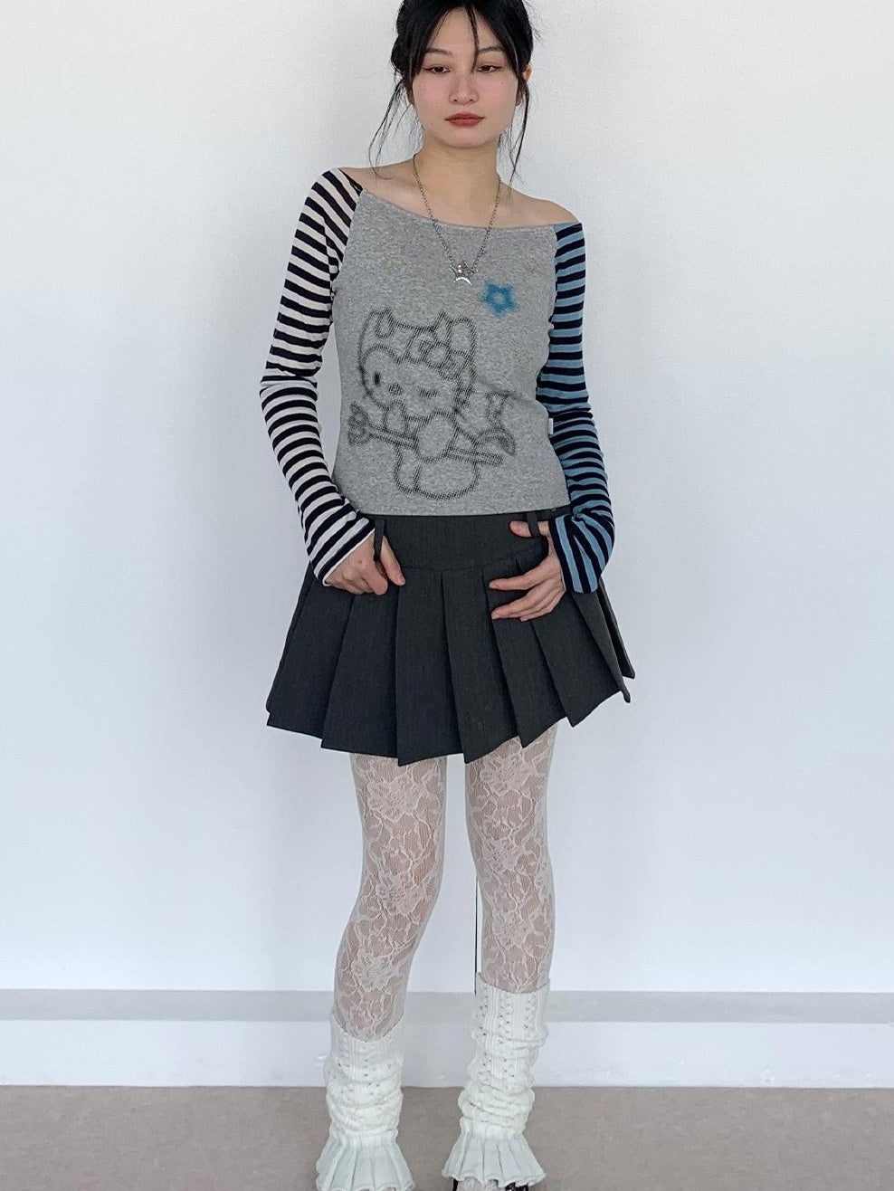 Sweet Kitty Sleeve Stripe Print Summer Top for Women